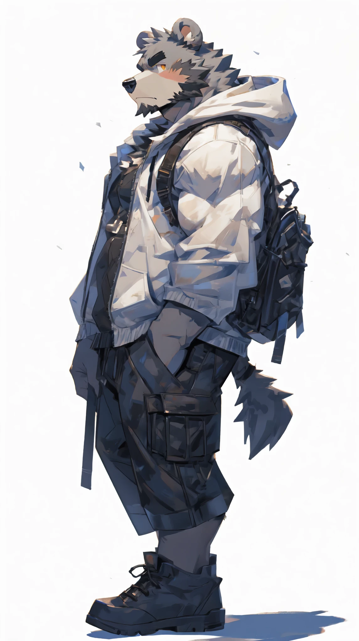 (masterpiece:1.2), best quality,pixiv,official art,perfect anatomy, (Ray tracing, light),solo, (1_male:1.3) , (muscle), (grey fur:1.4), (muscle bear), (beard:1.2), (gleaming golden eyes), bear tail, full body, Thick black eyebrows,(open short hoodie), (naked inside),cargo shorts, black short boots, (pure white background: 1.3),side view,looking straight,unhappy, walking, full body