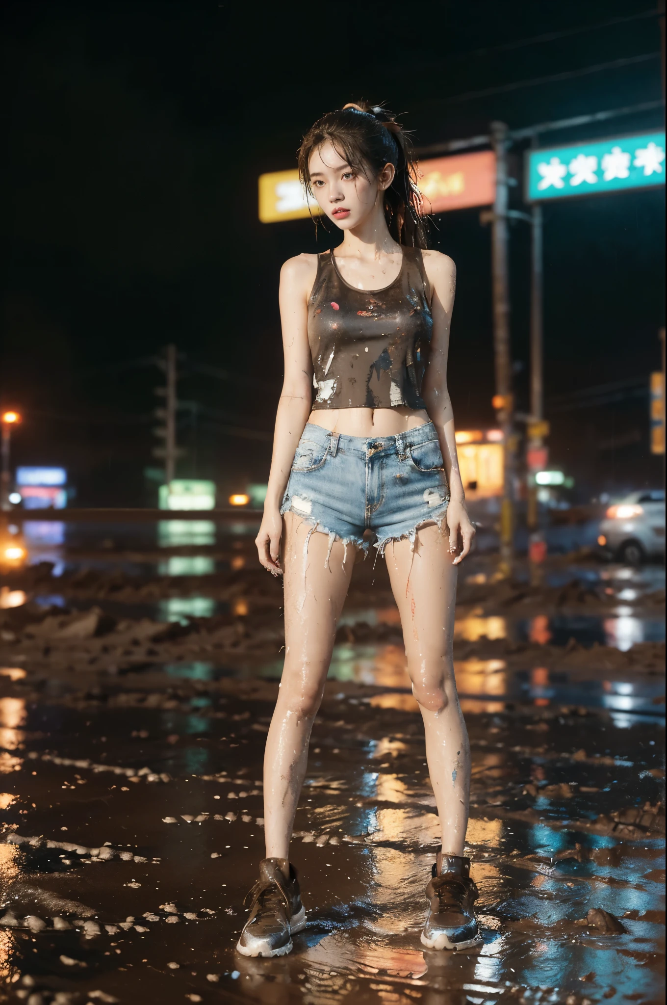 (((best quality))),(((ultra detailed))),(((masterpiece))),illustration,((1 beautiful girl,solo)),(short ponytail:1.2),(((sweat,wet))),((slim,thin)),((small breasts,flat chest)),(torn brown tank top:1.3),(torn brown sports shorts:1.3),(slender legs:1.2),(sneakers:1.2),(standing:1.3),(cyberpunk city:1.3),(body soaked In the mud pit:1.3),(summer:1.2),(downpour:1.2), (mud-covered:1.2), street corner, resilience, fierce determination,vibrant colors,(mud splattered:1.3),city chaos,(muck:1.3),(neon lights:1.2),(muddy flooded street:1.3), towering buildings,(pounding rain:1.3), distressed structures,(night scene:1.3),((from front,full body))
