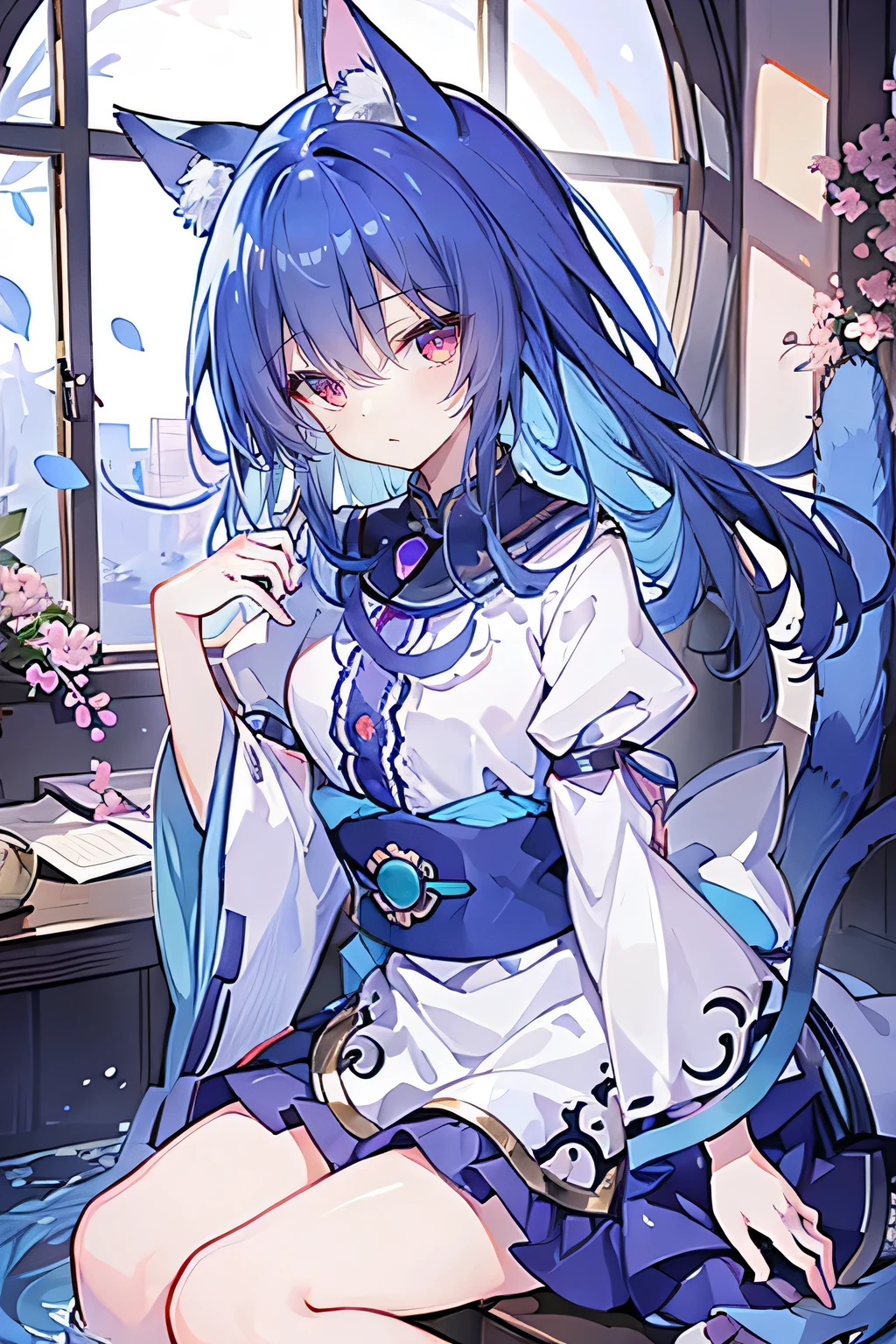 (Masterpiece:1.2)，Ultra-detailed，lifelike，The eyes are expressive，Fair skin，Perfect face shape，1 girl，Japanese Manga，Gorgeous blue hair，Flowing blue hair，Flowing clothes，Cat ears，Petals falling，Shy face，sitting on window，Place your hand on your lips，
