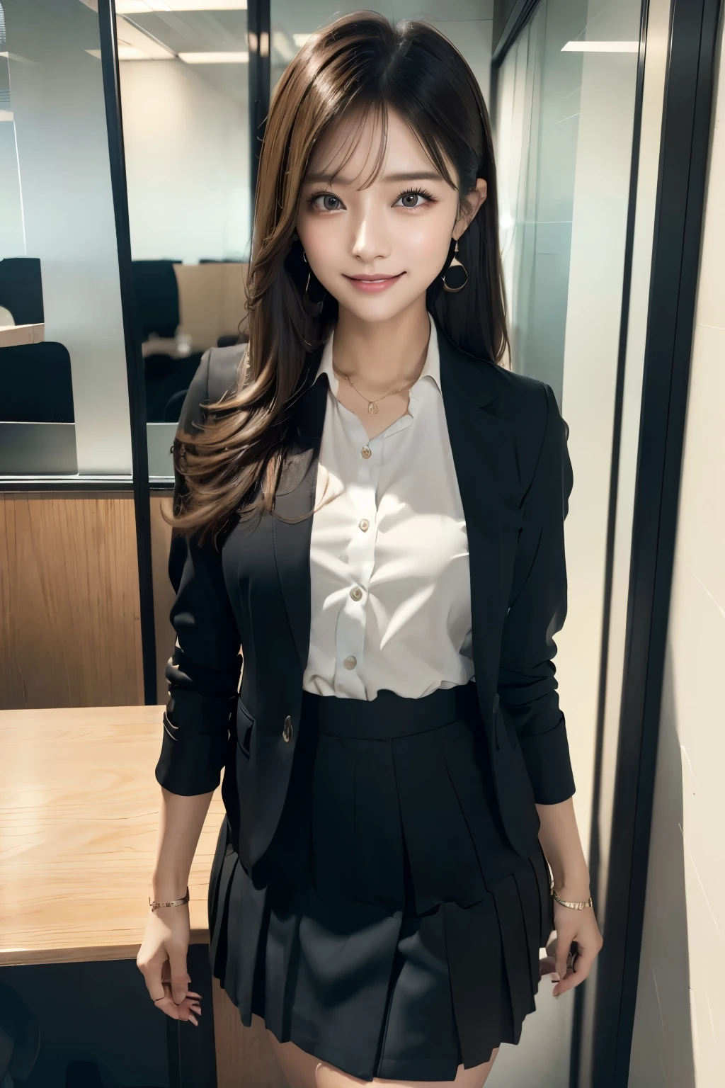 (((Office Lady)))、(((Tokyo Street)))、(((snap shot)))、(((Business jacket、skirt)))、(8k、Highest quality、masterpiece:1.2)、(Realistic、Photorealistic:1.2)、 Amazingly cute girl、18-year-old、smile、Beautiful and beautiful eyes、(Dark blonde hair:1)、(mature:1.1)、, Black-haired, Blurred, Blurred背景, Knee-length, Ro black pumps, Lively, Hair length, Lips, Brown eyes, Black socks, , masterpiece, Highest quality, Ultra-detailed、