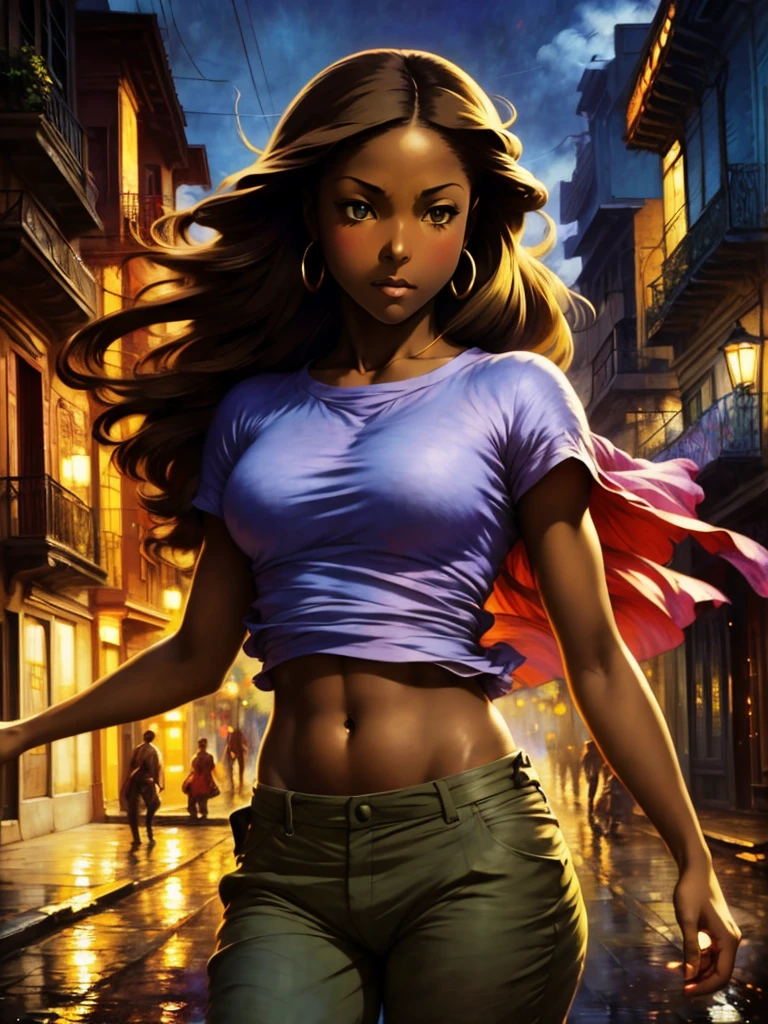 ((Solo Beautiful Caribbean woman with dark skin and striking eyes)),  shadowed interior background, art by akihiko yoshida, manga art style, colorfield illustration, Scary atmosphere, global illumination, by frank frazetta, art by goro fujita, glamour shot, pants and shirt, street dancing, banner, blur, anime key visual, (blue, yellow and grey colors), dramatic photo, anime girl, Intricate details, chiaroscuro, pino daeni, impressionist (best quality, masterpiece)