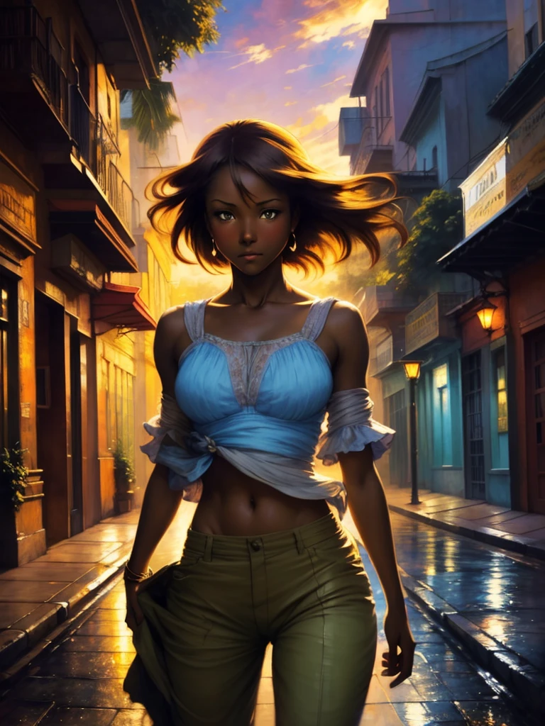 ((Solo Beautiful Caribbean woman with dark skin and striking eyes)), shadowed interior background, art by akihiko yoshida, manga art style, colorfield illustration, Scary atmosphere, global illumination, by frank frazetta, art by goro fujita, glamour shot, pants and shirt, street dancing, banner, blur, anime key visual, (blue, yellow and grey colors), dramatic photo, anime girl, Intricate details, chiaroscuro, pino daeni, impressionist (best quality, masterpiece)