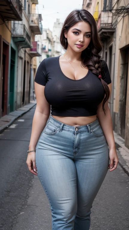 gorgeous curvy plus size actress kelly johana, glowing eyes, wearing SHEIN LUNE Ladies' Fashion Solid Color Short Sleeve V-Neck T-Shirt , covered Bust, parted lips, blushing cheeks, thick thighs, bigger waist, busty, curvy plus size body, full body, full body shot, head to toe view, smoothning burgendy color hair with pfrench braid hairstyle, hourglass body, curvy plus size body, smile face, bigger waist, busty, big hips, fleshy thighs, thick thighs, busty, full body view, Havana, Cuba: Classic cars and colonial architecture.