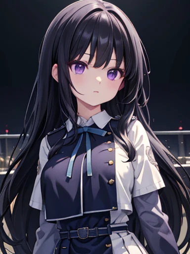 One girl 、Stand in front of the audience、Takiuchi, Check it out, Long Hair, bangs, Black Hair, (Purple eyes:1.2), Break Shirt, Long sleeve, dress, ribbon, , White shirt, Collared shirt, belt, Neck ribbon, Blue dress, 緑のribbon, Pleated dress, grey dress, Two-tone dresses, Blue belt, Uniform wine, Outdoor break, city, break (masterpiece:1.2), Highest quality, High resolution, unity 8k wallpaper, (shape:0.8), (Beautiful details:1.6), Highly detailed face, Perfect lighting, Extremely detailed CG, (Perfect hands, Perfect Anatomy),Large Breasts