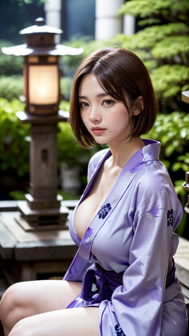 ((Highest quality, 8k, masterpiece :1.3)), (Sharp focus :1.2, Beautiful woman with perfect figure :1.4, Slim Abs :1.2), ((Big Breasts, Emphasize cleavage:1.3)), (Photorealistic:1.4), (realistic:1.4), (Short Bob Hair, Light brown hair:1.5), Highly detailed face and skin texture, Fine grain, double eyelid. Makeup face, A little bit of lipstick, sex appeal, Sexy gravure pose, ((A woman wearing a purple yukata、Sitting in front of a stone lantern in a Japanese garden at night、Smiling and showing off her legs。:1.3))