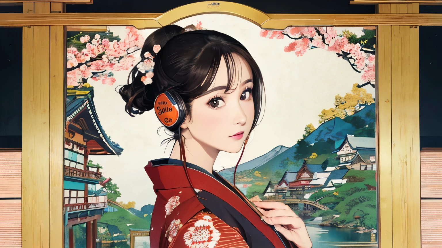 (Highest quality, 8k, masterpiece, High resolution), (whole body), Vibrant colors, (Japanese style headphones), Brown-black bob, Traditional topknot, Ample breasts, (Highly detailed face and eyes, Beautiful Face, Beautiful Eyes, Beautiful nose, Pretty lips), Official Art, Ukiyo-e style, (Beautiful woman in kimono), (Vivid floral patterned kimono), background, river, bridge, Mountain, wood, Starry Sky, moon, Detailed CG, 