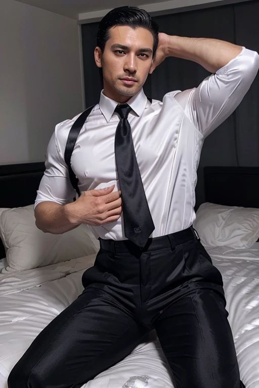 30 years old,daddy,"shiny suit",wear a white sleeved shirt and tie.., bodice, very glossy pants, necktie, shiny satin trousers,dark gray satin fabric ,lying provocatively on the bed,  k hd,in the office,"big muscle" ,black hair,asia face,masculine,strong man,the boss is,handsome,lecherous dad,look straight ahead,dad is handsome,dad is handsome, dad is "horny daddy",asian,sperm,sexy,black pants, short gmasculine hairstyle,masterpiece