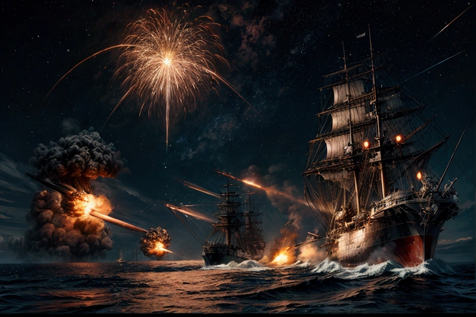 sf,Science and technology of the distant future,Spaceship pirate encounters,
A simultaneous volley of fire when the main guns of the major ships are within range,The artillery battle began,
Attacks by laser beams from each ship&#39;s main guns and defense by planar beam shields,
Dynamic composition,Dramatic Scene,Dynamic Action,
Draw laser beams and explosions in the background,
Super detailed,reality,Actual photo,Photorealistic,Thin contours,
masterpiece,Highest quality,High resolution,Ray Tracing,8k,Raw photo,Award-winning,
beautiful,Browsing Caution,Thin contours,