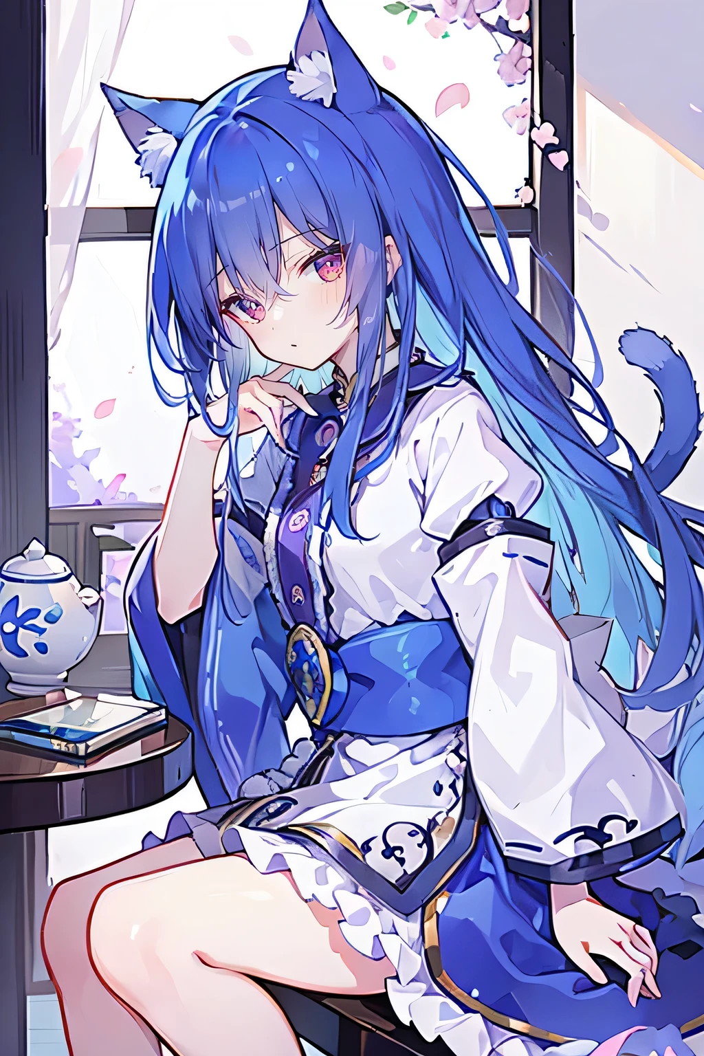 (Masterpiece:1.2),Ultra-detailed,lifelike,The eyes are expressive,Fair skin,Perfect face shape,1 girl,Japanese Manga,Gorgeous blue hair,Flowing blue hair,Flowing clothes,Cat ears,Petals falling,Shy face,sitting on window,Place your hand on your lips,