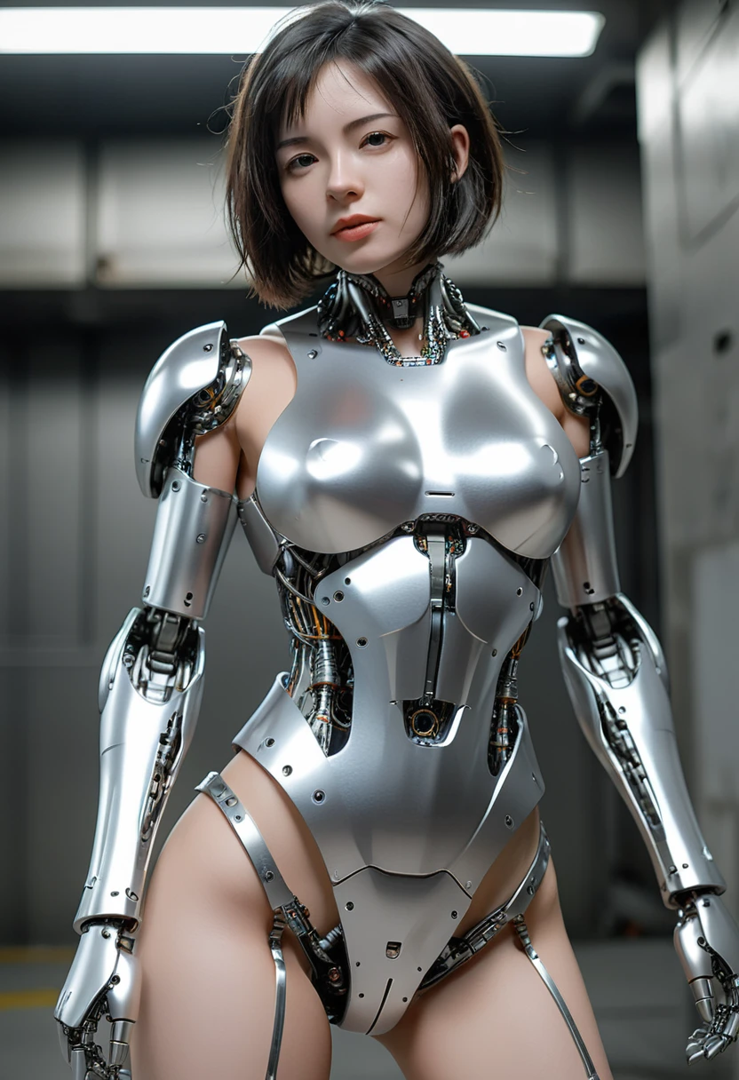 female robot, fuck, rape, skin part is only face, silver metal skin, full metal robot body, mechanical parts, milk tits, cum in pussy, high quality, medium breasts, bob hair, tall, thigh gap, full body metal skin, wet, cum in pussy, metallic tits, separated breast, under repair, anatomical body, unreal engine, from below
