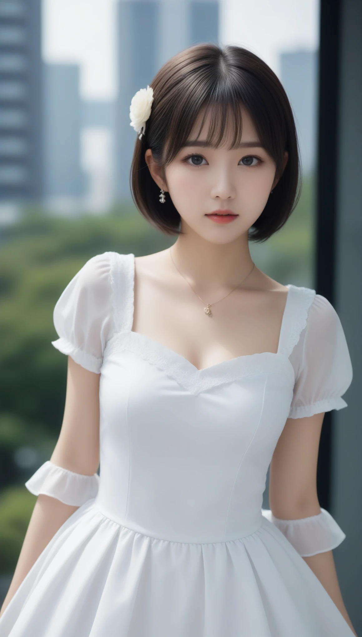 8k, Ultra-high resolution, Highest quality, masterpiece, 三分割法によるphotograph,Surreal, photograph, 1 Girl, (:1.3), pretty girl, Cute Face, Beautiful eyes in every detail, 細かくdetailedに,masterpiece,One Girl:1.2,Japanese female announcer,cowboy shot,Serious expression,Black short hair,Bob with bangs,Maid Android,((Fusion of Gothic Lolita and Lolita fashion:1.3)),bracelet, chest, choker, clavicle, Earrings,Futuristic cityscape ,Perfect and beautiful face ,完璧でCute Face, Skin with attention to detail, Perfect limbs、Narrow waist,Looking at the audience,(((Ideal body type))),Aカップの小さなchest :2,Portraiture:2,Perfect Anatomy,鮮明なdetailed,detailed,Surreal,Light and shadow,stage lights