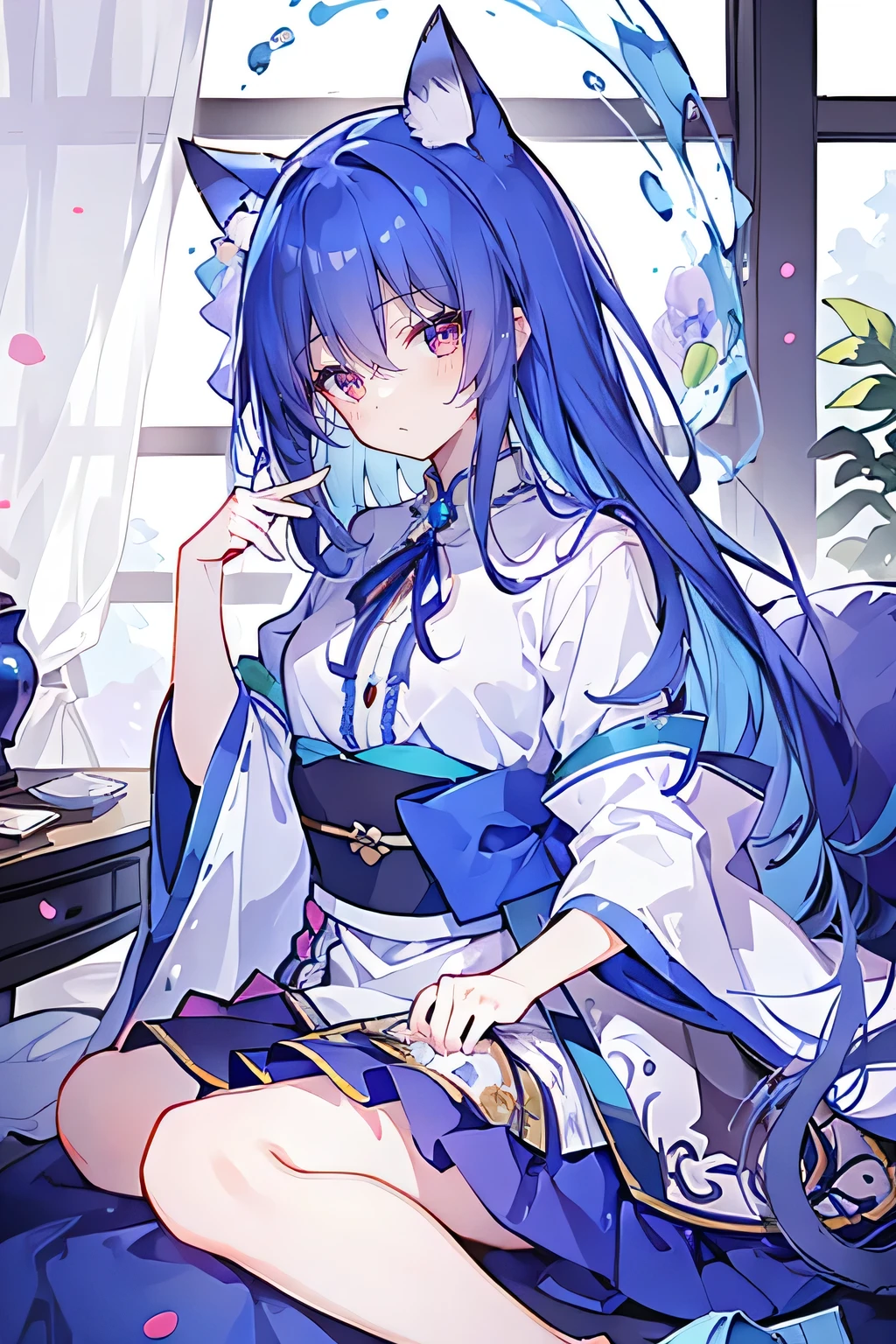 (Masterpiece:1.2),Ultra-detailed,lifelike,The eyes are expressive,Fair skin,Perfect face shape,1 girl,Japanese Manga,Gorgeous blue hair,Flowing blue hair,Flowing clothes,Cat ears,Petals falling,Shy face,sitting on window,Place your hand on your lips,