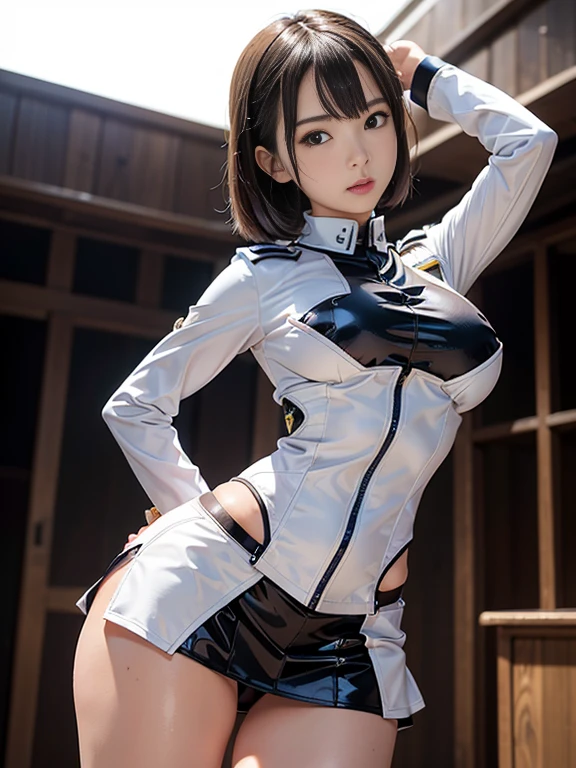 、Earth Federation Operator Girl Soldier、((Shiny skin 1.5)),((Sweaty 1.3)),Black short hair、Cute like an idol、Childish face and appearance、Accurately drawn faces、((Miniskirt Earth Federation Uniform))、White and blue uniform、(A uniform that fits your body:1.3)、Very 薄い thighs、Inside the bridge of a battleship、Low angle shot、Anatomically correct、Accurate Fingers、Accurate Rimbuster Piece、Photorealization