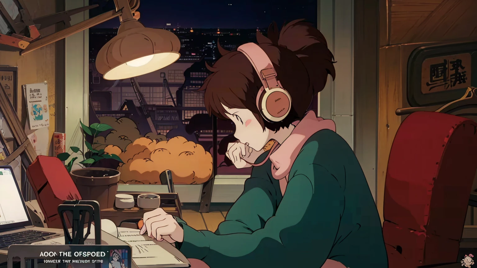 A cartoon character wearing headphones and sitting at a desk with a laptop, LOFI Girl, Lofi Artstyle, satoshi kon artstyle, Lofi Art, Ghibli anime style style, Anime movie screenshots, Ghibli anime style, LOFI Girl aesthetic, Chihiro! fujisaki, Lo-fi feeling, Ghibli Studio Anime Style, Studio Ghibli Anime Screenshots