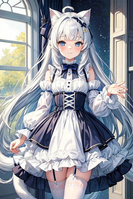 (masterpiece,best quality,ultra-detailed), an anime white ragdoll cat girl who is 16 years old cutest idol. She has silver white long hair with side swept bangs, midnight blue cute round eyes, ragdoll cat ears and tail, wearing cat lingerie, standing cutely and hands in meow pose and smile cutely at the viewer