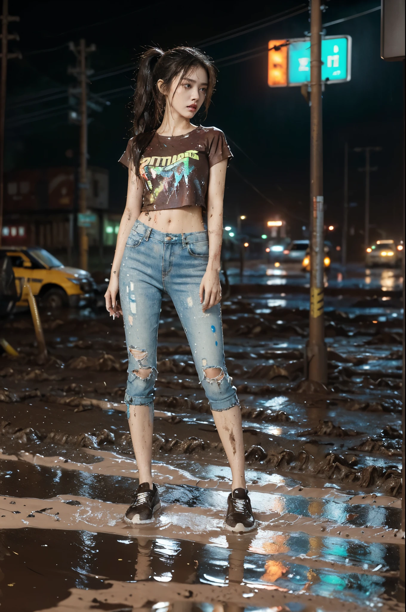 (((best quality))),(((ultra detailed))),(((masterpiece))),illustration,((1 beautiful girl,solo)),(short ponytail:1.2),(((sweat,wet))),((slim,thin)),((small breasts,flat chest)),(torn brown short-sleeved shirt:1.3),(torn brown sports pants:1.3),(slender legs:1.2),(sneakers:1.2),(standing:1.3),(cyberpunk city:1.3),(body soaked In the mud pit:1.3),(summer:1.2),(downpour:1.2), (mud-covered:1.2), street corner, resilience, fierce determination,vibrant colors,(mud splattered:1.3),city chaos,(muck:1.3),(neon lights:1.2),(muddy flooded street:1.3), towering buildings,(pounding rain:1.3), distressed structures,(night scene:1.3),((from front,full body))
