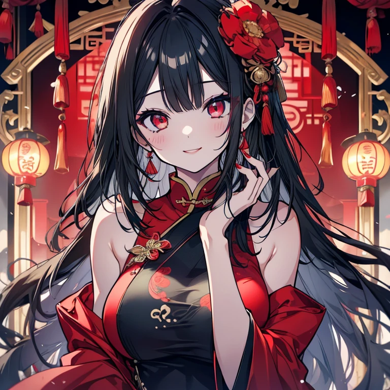 1 girl、Mature、Ample breasts、Long Hair、Trimmed hair、Shiny black hair、Red nails、Red Lip、Red Eyes、A seductive smile、China dress、ターコイズブルーのChina dress、Mini length、husk tomato、husk tomatoのピアス、dusk、Chinatown、The lantern shines、Nostalgic、High resolution、Highest quality
