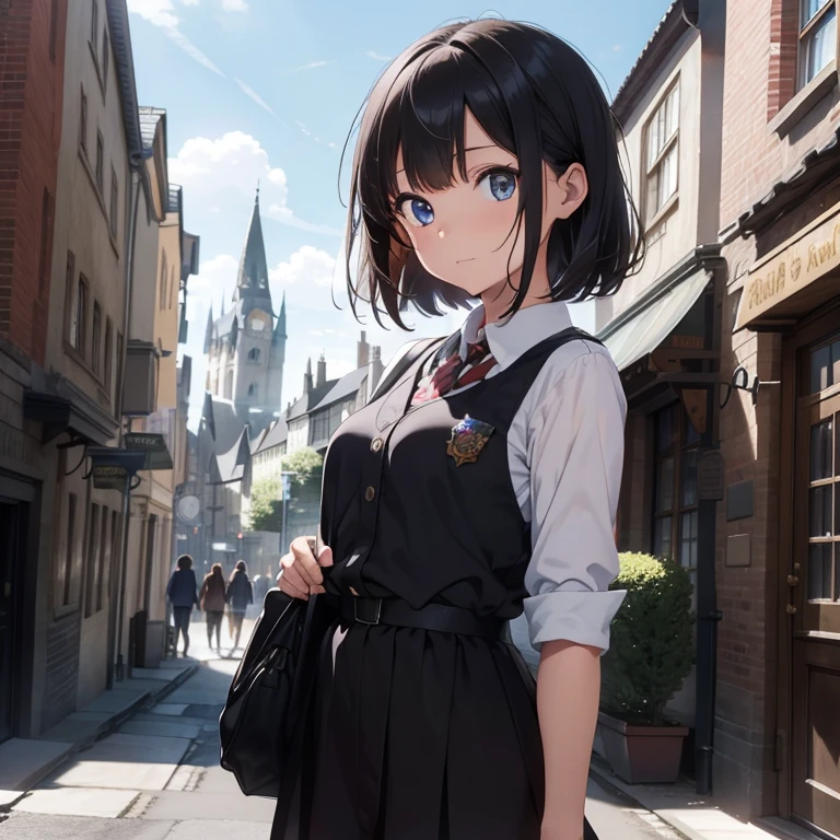 Masterpiece, best quality, high quality, 1Female girl, Solo, 21 yeaars old, has Blue eyes, has Dark Brown Short hair, wears a Griffendale Student Uniform, Slim body, Anatomically correct, 4k, detailed, (detailed eyes), anime style art, standing, in the Hogwarts indoors, Harry potter world, happy, Castle in the background, sunny day, clouds on the sky