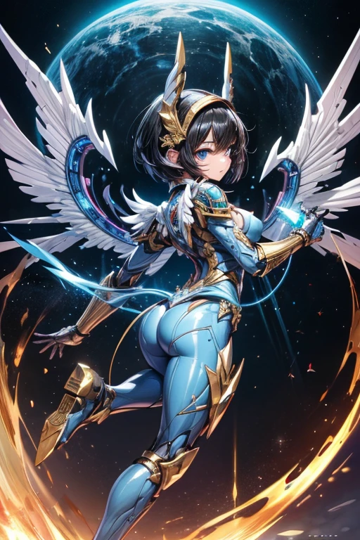 ((Highest quality))、((masterpiece))、(detailed)、((Anatomically correct))、One Woman、aldult、(look at me)、whole body、jump、(shoot from front)、(Ultra-glossy skin with attention to detail:1.1)、Glowing Skin、bangs、Short Hair、Beautiful black hair、(Beautiful Eyes:1.3)、Slim figure、medium breasts、Cleavage、Erect nipples、gold、headgear、Arm Armor、Mechanical wings from the back、Blue core in center of chest、Futuristic guns、Future City、battlefield