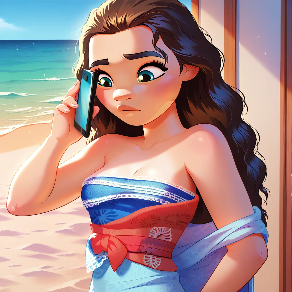 score_9_presence, score_8_up, Moana, wrapped in towel, medium breasts, holding phone