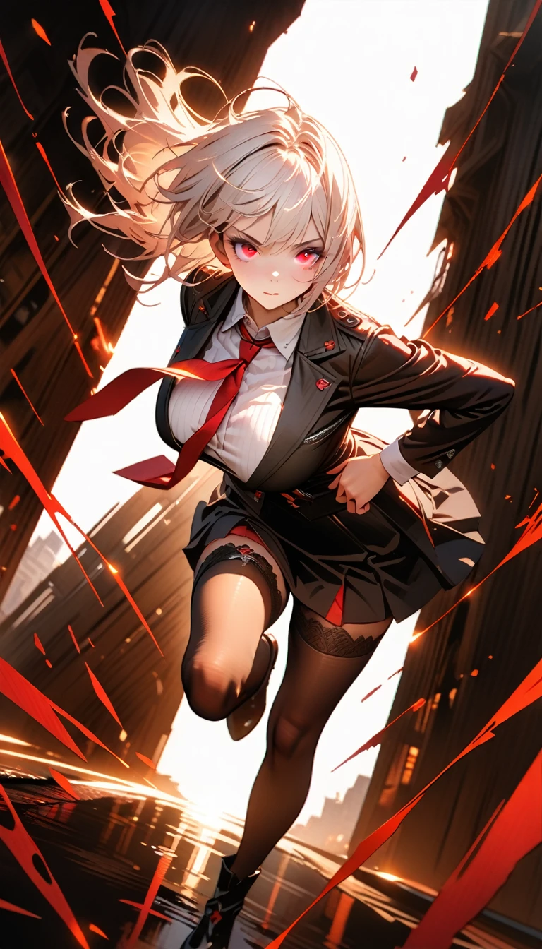 1women,(White hair),(White eyelashes),(Red eyes),( wears a white shirt),(Black jacket),(Big breasts),(Red tie),(Black tight skirt),(Sexy women's stockings),(Expressionless face),(full body-show),(Fighting pose),(masterpiece:1.5), (8k details:1.3), (unlimited details:1.2), (best eyes:1.4), (ultra clothes details:1.3), (highly detailed background), (vibrant colors), (dynamic lighting), (realistic skin texture), (intricate patterns), (sharp focus), (full-body view), (natural poses), (expressive emotions), (cinematic composition)
