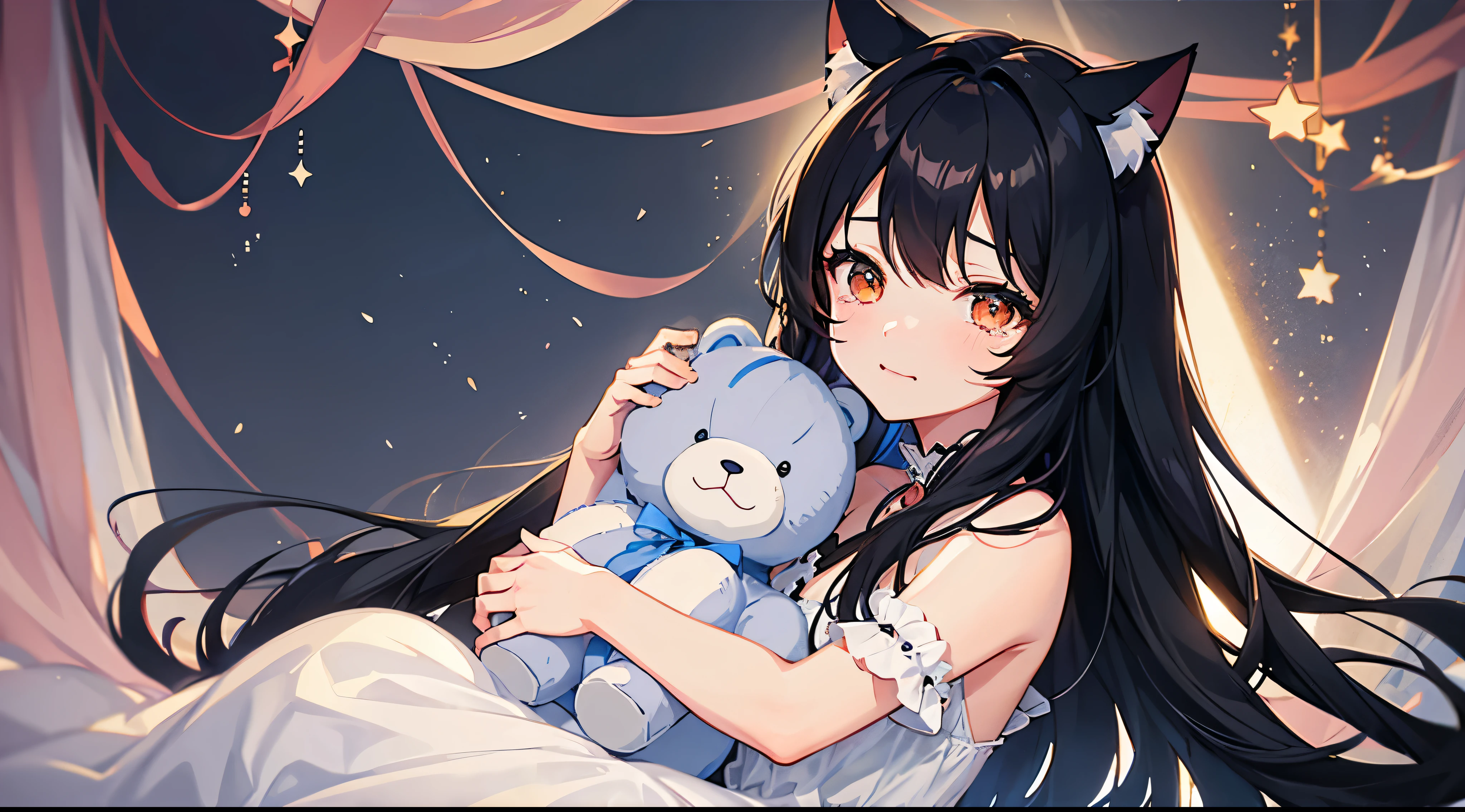 Cute illustrations、Cat ear girl、Black Hair、Half crying、My eyes are watery、Wearing a dress、hugging a teddy bear、One Girl