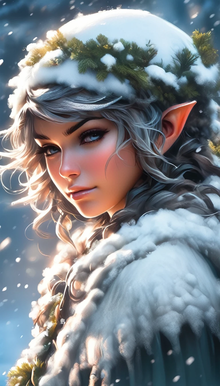 A snowy winter foliage Elf girl on a leaf in the snow, Snow Elves and Adventure World, Photo Realism, 8K resolution, Snow Winter Leaf Elves and MapleStory, Photo Realism, 8K resolution,, garden, Popular on artstation, 4K, Intricate details, Very detailed, pencil drawing, sketch, Unreal Engine, Greg Rutkowski, Loish, Rad, beeping sounds, Makoto Shinkai and Louis van Baarle, Ilya Kuvshinov, rossdraws, Tom Bagshaw, Alphonse Mucha, painting, Heavy Attack, Paint dripping, painting, Heavy Attack, Paint dripping