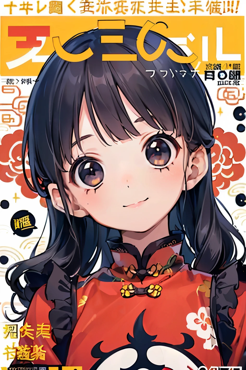 girl,highlight black hair,Twin curly hair,(double sleeve long sleeve),((Chinese dress with lots of frills:1.3)),((long hem)),((Kaminarimon pattern background:1.3)),close-up Face,(Cute smile),(magazine cover:1.3)