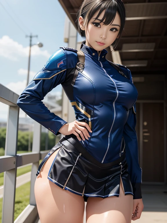 15-year-old girl、Earth Federation Operator Girl Soldier、((Shiny skin 1.5)),((Sweaty 1.3)),Black short hair、Cute like an idol、Childish face and appearance、Accurately drawn faces、((Miniskirt Earth Federation Uniform))、White and blue uniform、(A uniform that fits your body:1.3)、Very 薄い thighs、Inside the bridge of a battleship、Low angle shot、Anatomically correct、Accurate Fingers、Accurate Rimbuster Piece、Photorealization