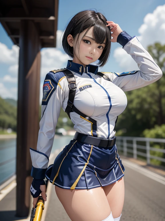 -yeld giEarth Federation Operator Girl Soldier、((Shiny skin 1.5)),((Sweaty 1.3)),Black short hair、Cute like an idol、Childish face and appearance、Accurately drawn faces、((Miniskirt Earth Federation Uniform))、White and blue uniform、(A uniform that fits your body:1.3)、Very 薄い thighs、Inside the bridge of a battleship、Low angle shot、Anatomically correct、Accurate Fingers、Accurate Rimbuster Piece、Photorealization