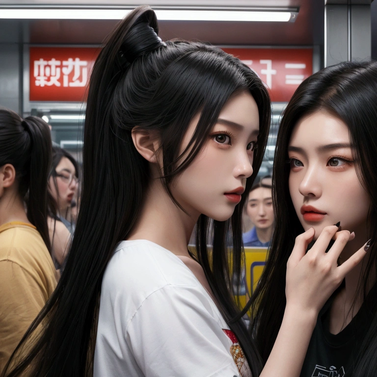 masterpiece of cinematic, Four stages of evolution of side view of closeup face a beauty Chinese girl, becoming a werewolf humanoid. First stage is a normal chinese beauty wear street fashions. Second stage the girl wearing tshirt with claws. Third stage her face starting turn to werewolf. Fourth stage she become roaring werewolf humanoid. The background is a blurred subway train, high detail, horror and fantasy, photorealism