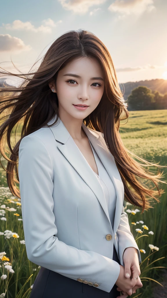 highest quality、genuine、Super detailed、finely、High resolution、8k wallpaper、one beautiful woman、、、light brown disheveled hair、wearing a business suit、sharp focus、perfect dynamic composition、beautiful and detailed eyes、thin hair、Detailed genuine skin texture、smile、model body shape、In a windswept meadow