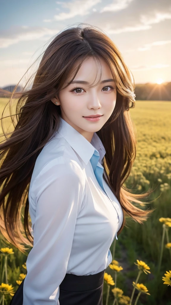 highest quality、genuine、Super detailed、finely、High resolution、8k wallpaper、one beautiful woman、、、light brown disheveled hair、wearing a business suit、sharp focus、perfect dynamic composition、beautiful and detailed eyes、thin hair、Detailed genuine skin texture、smile、model body shape、In a windswept meadow
