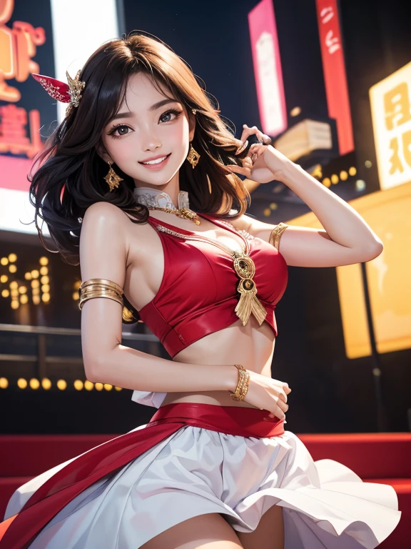 (Highest quality、 8k 、masterpiece、High resolution)、Full Body Shot、15 year old girl、Idol、Cute smile、Pretty lips、Adorable eyes、Dancing with a smile、Outdoor Stage、AKB48 Costumes、Realistic、Vibrant colors、Official Art、Detailed CG、Professional Lighting、Professional photographer、