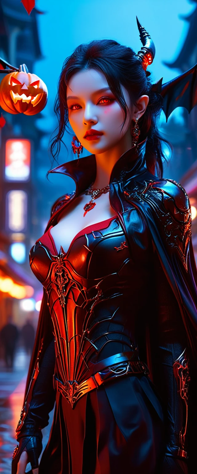 High quality，Best quality，Reality，Super realistic，Super detailed，masterpiece，high resolution，8k，Very real，Hellbringers，Red Eye，Crescent Moon，Hamburger，pumpkin，Close-up of a bat，一名持剑的女孩与vampire，Black cape，Cyberpunk Girl，Porcelain skin，vampire，Thin legs，超Reality主义，Tattoo，Red eyes，Gothic art style，((Bat Wings))，史诗奇幻number艺术风格，贵族优雅的vampire女孩，Dan Mumford，Tom Bagshaw，Dark fantasy art，Epic fantasy art style，Dark fantasy art style，Epic fantasy art style高清，黑暗幻想number艺术，Artistic image type, vampire少女调查下面广袤的网络大都会，Infused with neon lights，Revealing her technologically enhanced body，Embedded LEDs and retractable tech arms shine。She strikes a striking pose，Seems ready for action，A fusion of ancient legends and future visions}，Perfect location，City view，(Vivid neon lights：1.5)，(number：1.25)，(4K：1.2). environment：City Panorama，Bats flying over the skyline，(whole body:1.8), magazine photography，A cute girl image，Popular on social platforms，((Dopamineism))，(((Dopamine color matching)))，Dopamine，(in the style of Y2K)，Luo Erchun，Three-dimensional ancient style，Oriental poetry and painting