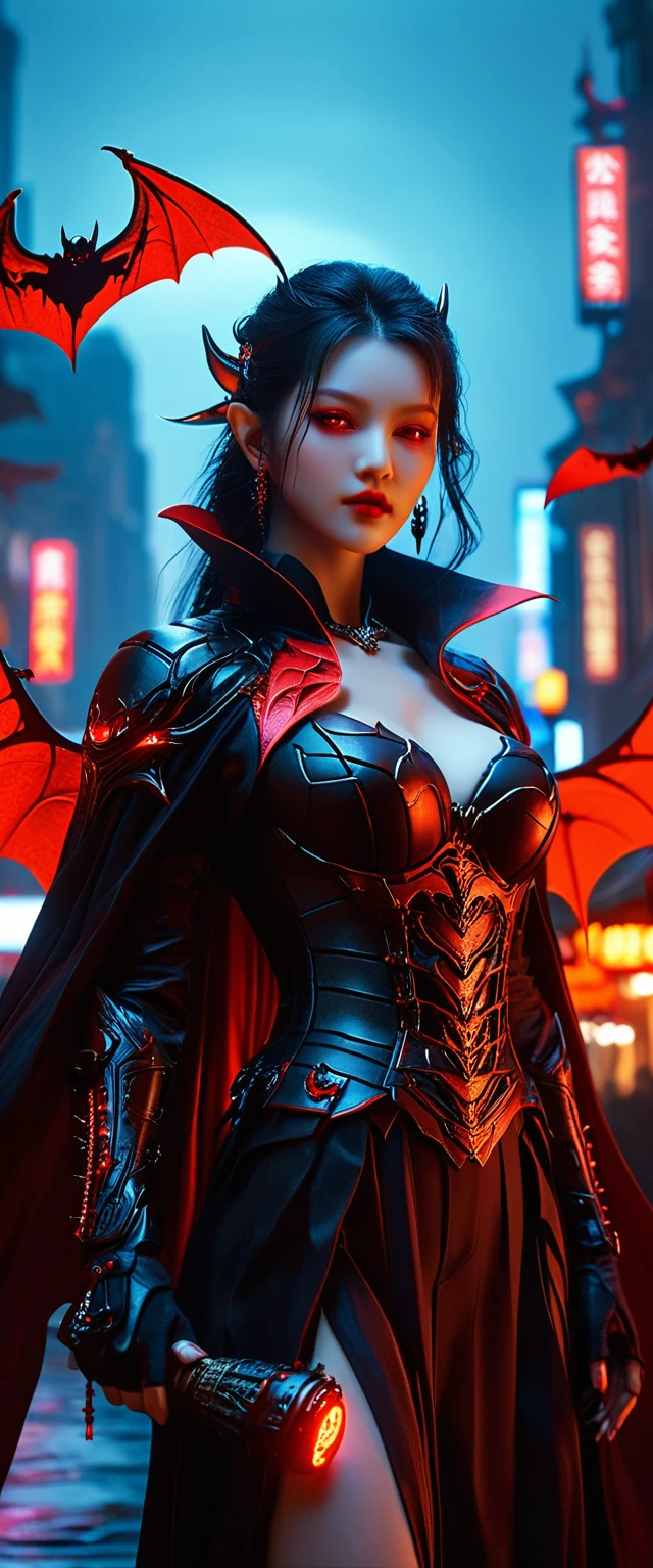 High quality，Best quality，Reality，Super realistic，Super detailed，masterpiece，high resolution，8k，Very real，Hellbringers，Red Eye，Crescent Moon，Hamburger，pumpkin，Close-up of a bat，一名持剑的女孩与vampire，Black cape，Cyberpunk Girl，Porcelain skin，vampire，Thin legs，超Reality主义，Tattoo，Red eyes，Gothic art style，((Bat Wings))，史诗奇幻number艺术风格，贵族优雅的vampire女孩，Dan Mumford，Tom Bagshaw，Dark fantasy art，Epic fantasy art style，Dark fantasy art style，Epic fantasy art style高清，黑暗幻想number艺术，Artistic image type, vampire少女调查下面广袤的网络大都会，Infused with neon lights，Revealing her technologically enhanced body，Embedded LEDs and retractable tech arms shine。She strikes a striking pose，Seems ready for action，A fusion of ancient legends and future visions}，Perfect location，City view，(Vivid neon lights：1.5)，(number：1.25)，(4K：1.2). environment：City Panorama，Bats flying over the skyline，(whole body:1.8), magazine photography，A cute girl image，Popular on social platforms，((Dopamineism))，(((Dopamine color matching)))，Dopamine，(in the style of Y2K)，Luo Erchun，Three-dimensional ancient style，Oriental poetry and painting