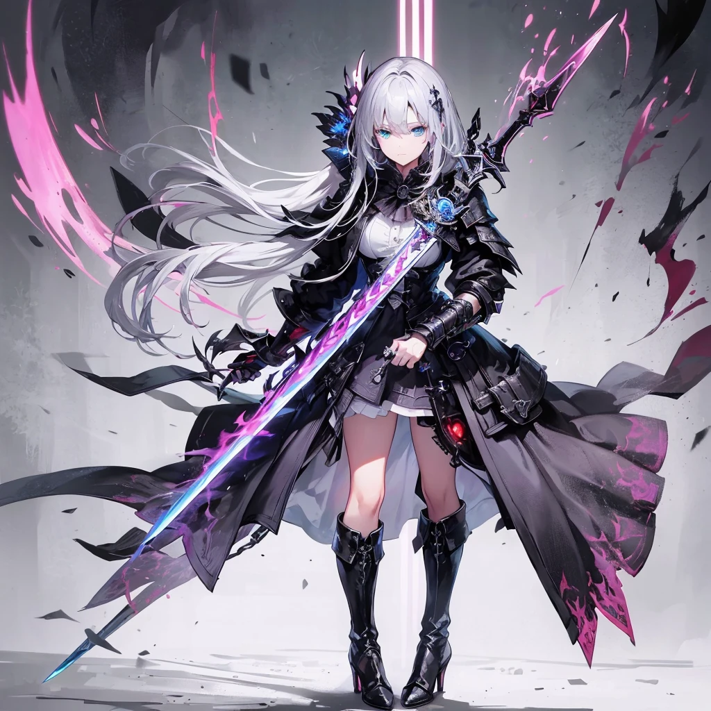 masterpiece、high quality、cyber punk、Dark fantasy、Dark Souls、Bloodborne infection、In a cruel world、 With sword(blue eyes、Silver Hair、Swordsman)、uniform(Dress shirt、Dress shirt、blazer、skirt、Long coat)cyber punkブーツを履く(High heels、High Boots)、Wield a giant sword、Bloody