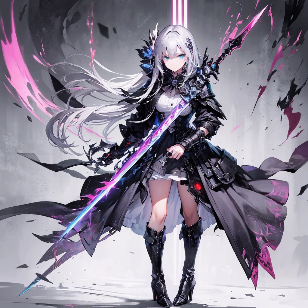 masterpiece、high quality、cyber punk、Dark fantasy、Dark Souls、Bloodborne infection、In a cruel world、 With sword(blue eyes、Silver Hair、Swordsman)、uniform(Dress shirt、Dress shirt、blazer、skirt、Long coat)cyber punkブーツを履く(High heels、High Boots)、Wield a giant sword、Bloody