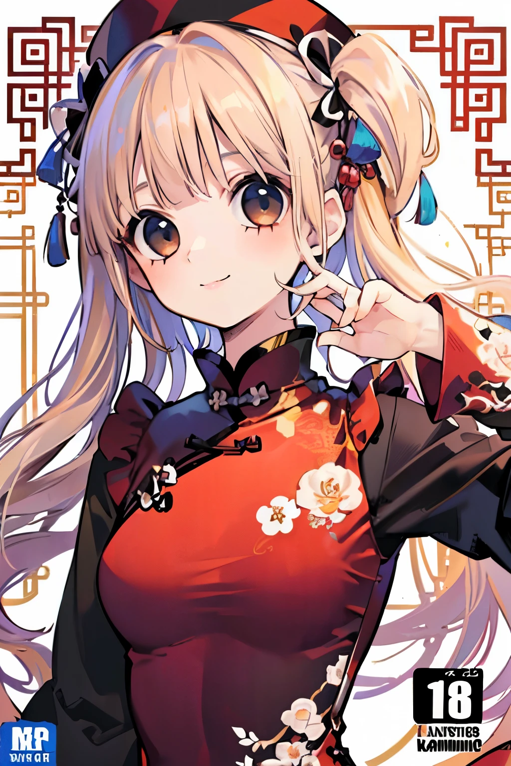 girl,light golden hair,Twin curly hair,(double sleeve long sleeve),((Chinese dress with lots of frills:1.3)),((long hem)),((Kaminarimon pattern background:1.3)),close-up Face,(Cute smile),((manga cover:1.3)