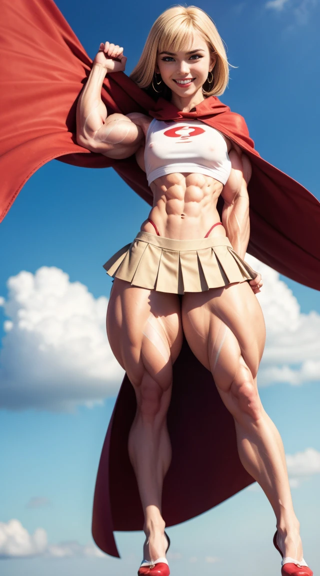 (Muscular:2), (thick thighs:1.9),
(blonde female:1.3), supergirl, (big smile:1.4), (blunt bangs),
earrings, lipstick, eyeshadow,
(hard nipples:1.2),
(small red cape:1.3), (pleated skirt:1.6), (tanktop, midriff:1.2), choker,
(looking at viewer:1.6), (three quarter view), knees cropped, lowlegp,
(floating in midair, sky and clouds background:1.3), rim lighting, two tone lighting, dim lighting, bokeh, detailed skin, detailed eyes