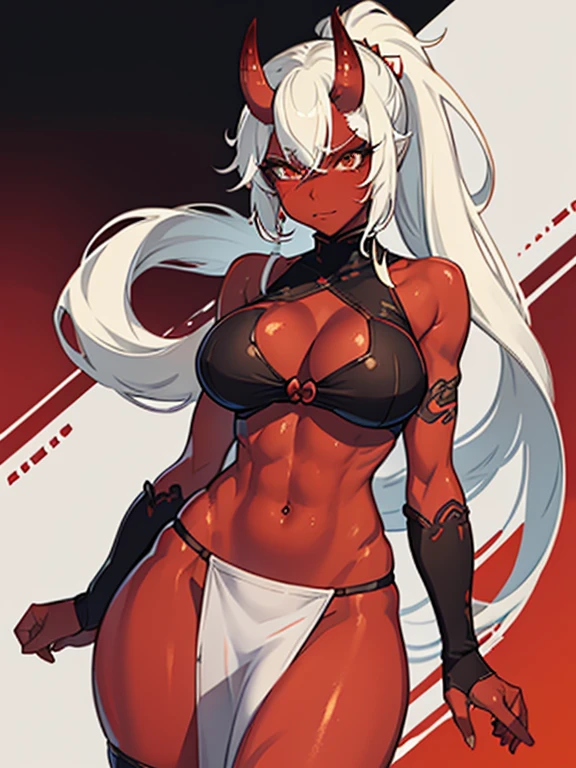 sexy oni girl with horns, ashy, tousled hair tied in a long ponytail, athletic body and red skin, colored skin, red skin, evil but sexy expression, large, perky breasts and wide hips, loincloth and top with Japanese look