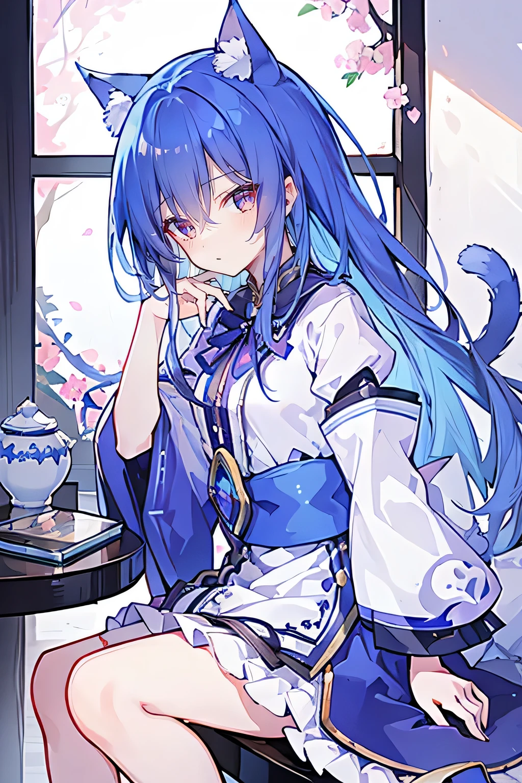 (Masterpiece:1.2),Ultra-detailed,lifelike,The eyes are expressive,Fair skin,Perfect face shape,1 girl,Japanese Manga,Gorgeous blue hair,Flowing blue hair,Flowing clothes,Cat ears,Petals falling,Shy face,sitting on window,Place your hand on your lips,