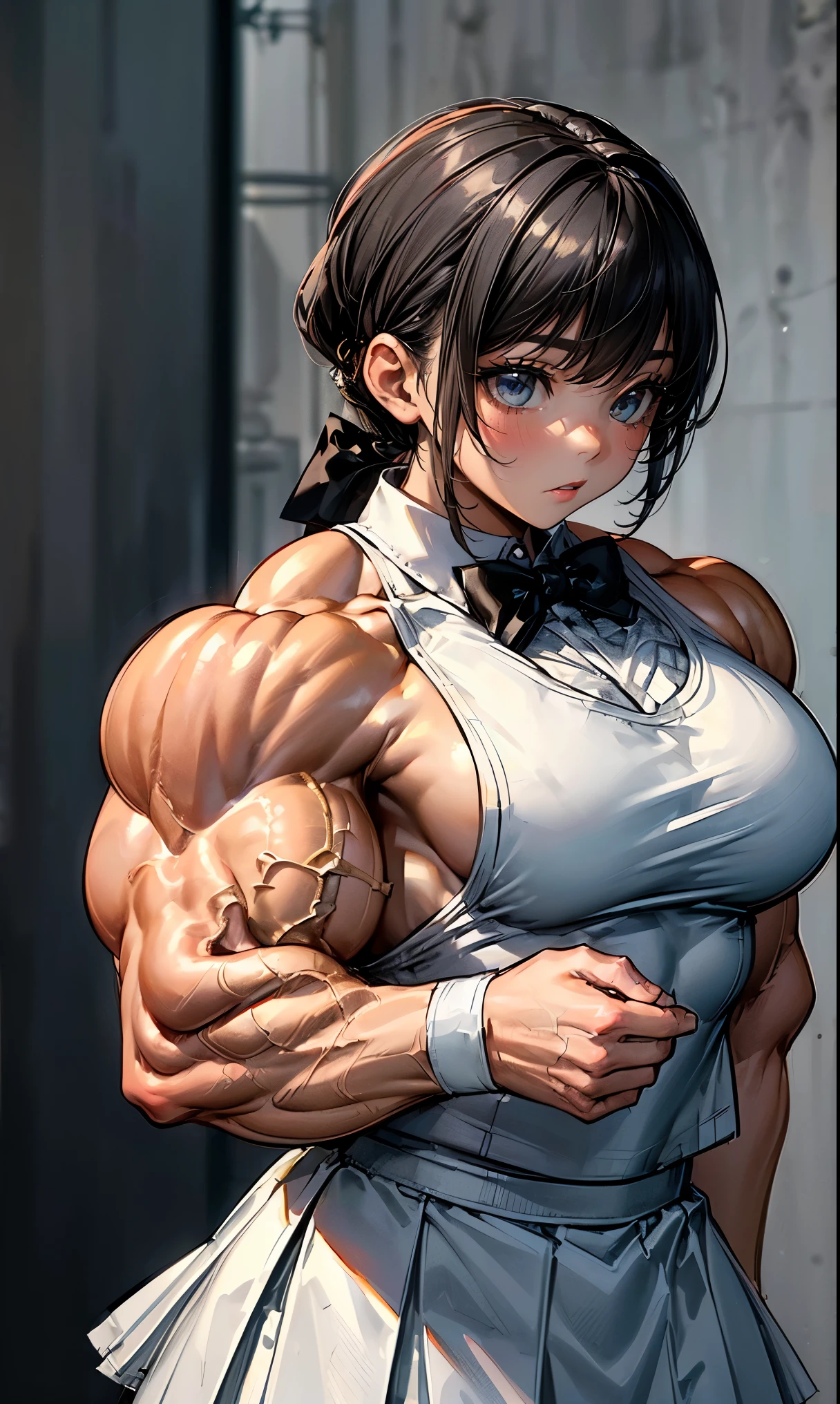 (Optimal lighting) , (Extremely complex and detailed) , 4k unity, (Super detailed CG: 1.2) , (8K: 1.2),(The original), (masterpiece) , (best quality),(masterpiece:1.4),Anime-like high quality,(masterpiece),masterpiece, Ultra-clear picture quality,Compare...clearer,(Delicate face)best quality, absurd,((Master of Peace, 4K, 8K, Yes, high resolution))1个girl, ,,(Wonderful bass),((Bodybuilder:1.5))(girl),(miss),(((Upper Body:1))) Upper Body,Arm muscles close-up。Shop,on the street,Broad shoulders and thick back,Thick Arms,Amazing eight pack abs,Thick abs,Oily skin reflex hydration,Burst vein,Close Mastery(((((White school uniform with black bow tie)))))(((((Black skirt)))))(((((boots)))))(((((on the street)))))(((((Big biceps)))))