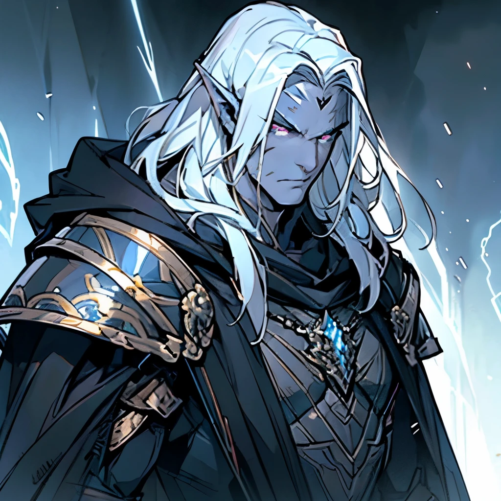 masterpiece, 4k, Large elderly knight in white metal armor, zeus style, black Cloak, pointy ears, ebony, white neat hair,imperial royal family, salama, ((detailed eyes)), detailed face, scar on his left eye, thunderstorm, thunderbolts, Background with: Temple of Zeus struck by lightning