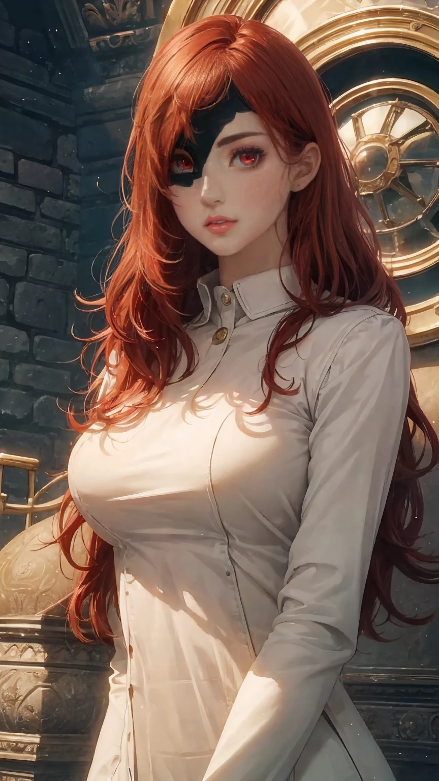 16K, Ultra High Definition, Super detailed, Shiny detailed hair, detailed face, fantasy landscape, solo, looking at viewer, full body shot, {{best quality}}, {{masterpiece}}, {{ultra-detailed}}, {detailed light}, ultra high quality eye, detailed eye, perfect eye, large eye, detailed red eye, beautiful lips, red hair, long hair, beautiful, skinny body, white skin, eye patch