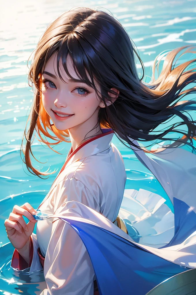 Smiling beautiful woman in a kimono holding a transparent glass of water close to her face