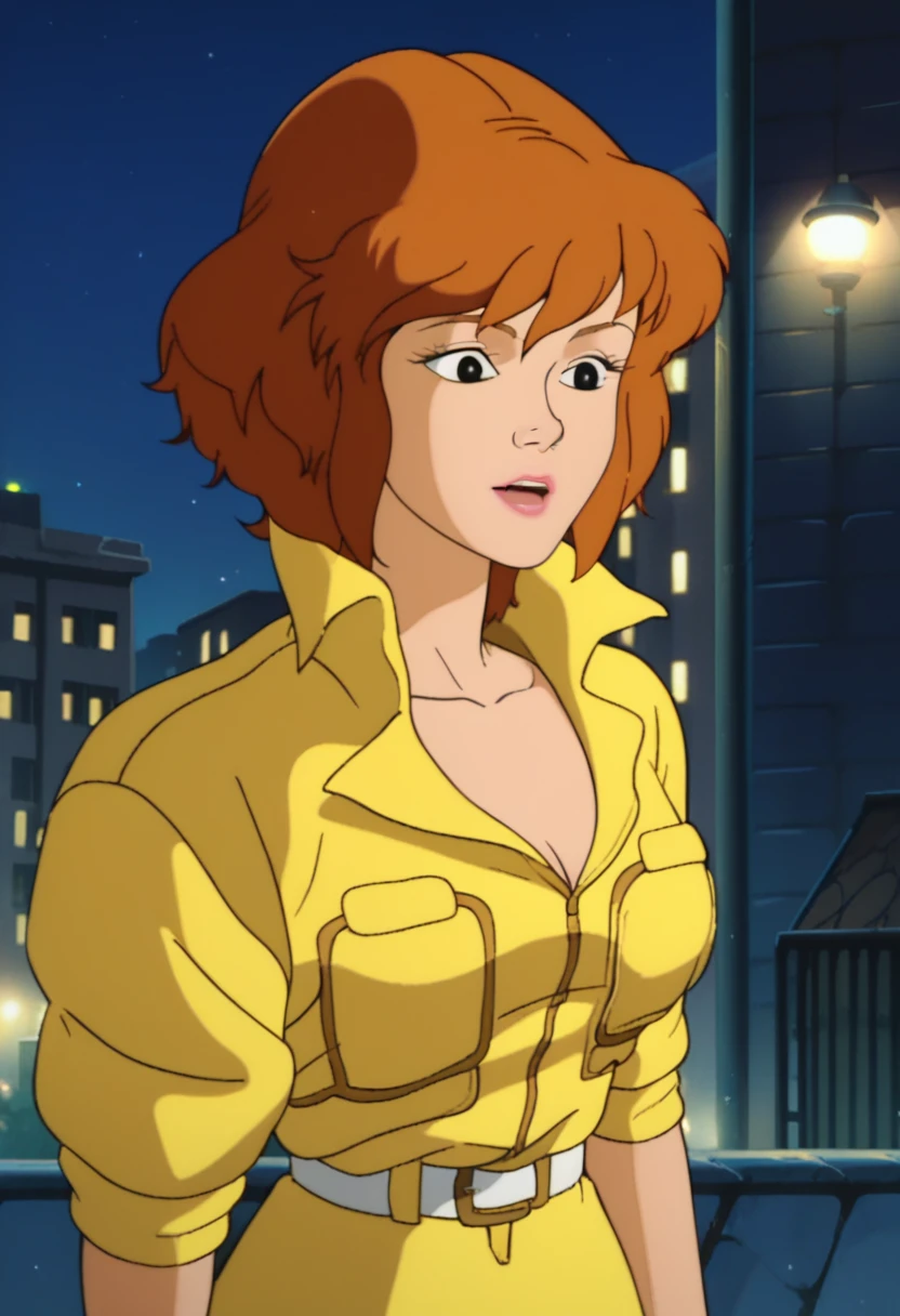 score_9, score_8_up, score_7_up,  
apriloneil, yellow jumpsuit, white belt, 1girl, solo, (night), city at night, city background, upper body, buildings retro_artstyle, cartoon, source_cartoon, 1990s_(style),