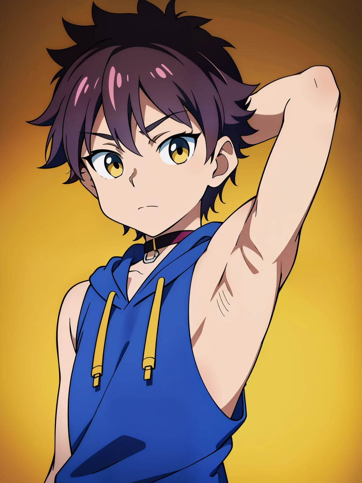 Highres, Masterpiece, Best quality at best,Best Quality,hight quality, hight detailed, Anime style, , 1kid, Boy, Shota, Solo person, Young boy, Upper body, body, Sleeveless hoodie, Choker, bare shoulder, yellow background, (Showing armpit:1.3), Shine closer to the armpit, pink armpit, Sexy armpit, seductive armpits, Such a cute smooth armpit, The armpits of a 12 yeaAdorable little armpits, Give me a proportional picture of a 12 year old boy'svery young boy), (Very small and short body), uhd, bokeh