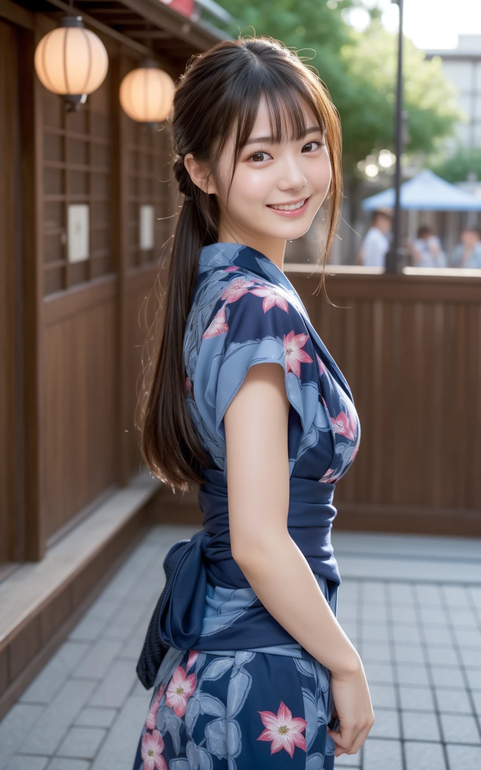 (8k、live-action、Raw photo、Highest quality、masterpiece:1.2),(festival, summer, Outdoors,Front lighting:1.2),((Perfect lighting)),(濡れたhair),smile,(Standing pose:1.4), strong,(Erotic),18-year-old,student,White skin,knees,Small Face,前hairを真ん中から分けます、The forehead is visible,skinny,skinny)、masterpiece,Highest quality、超A high resolution,One person, solo,Close-up shot、cute、Back to Students,(yukata:1.3),High school girl,Japanese women,(フォトReal:1.37)、Photon Mapping,Realistic、cuteSmall Face,Brown eyes、prospect、Depth of written boundary、Blurred Background、Real,(前hairが見える), hair, kneesが見える, thigh,(Nogizaka Idol), actress、Big and ample breasts、Cleavage、Super fine、Low people、(Skin with visible pores:1.2)、(Focus on the face)、Natural neck、Check and correct the skeleton