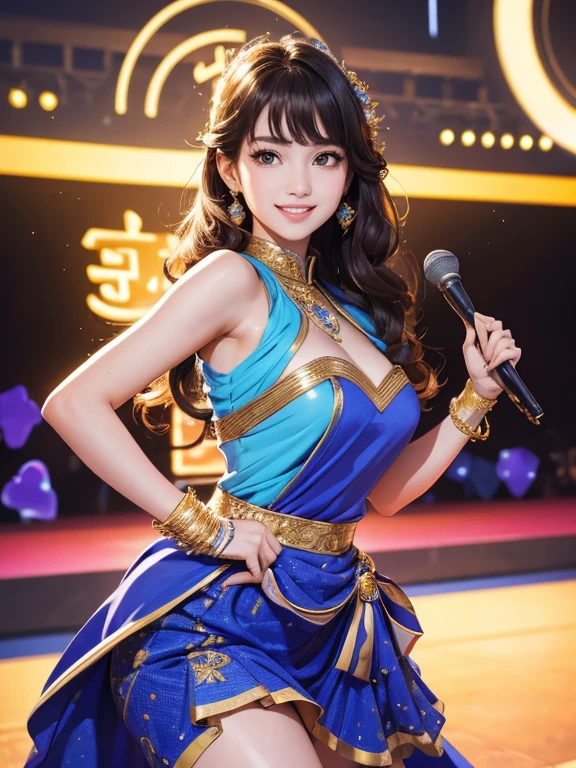 (Highest quality、 8k 、masterpiece、High resolution)、Full Body Shot、15 year old girl、Idol、Cute smile、Pretty lips、Adorable eyes、Dancing with a smile、Outdoor Stage、AKB48 Costumes、Realistic、Vibrant colors、Official Art、Detailed CG、Professional Lighting、Professional photographer、